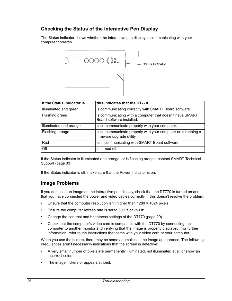 Checking the status of the interactive pen display, Image problems | Smart Technologies iNTERACTIVE PEN DISPLAY DT770. User Manual | Page 32 / 43