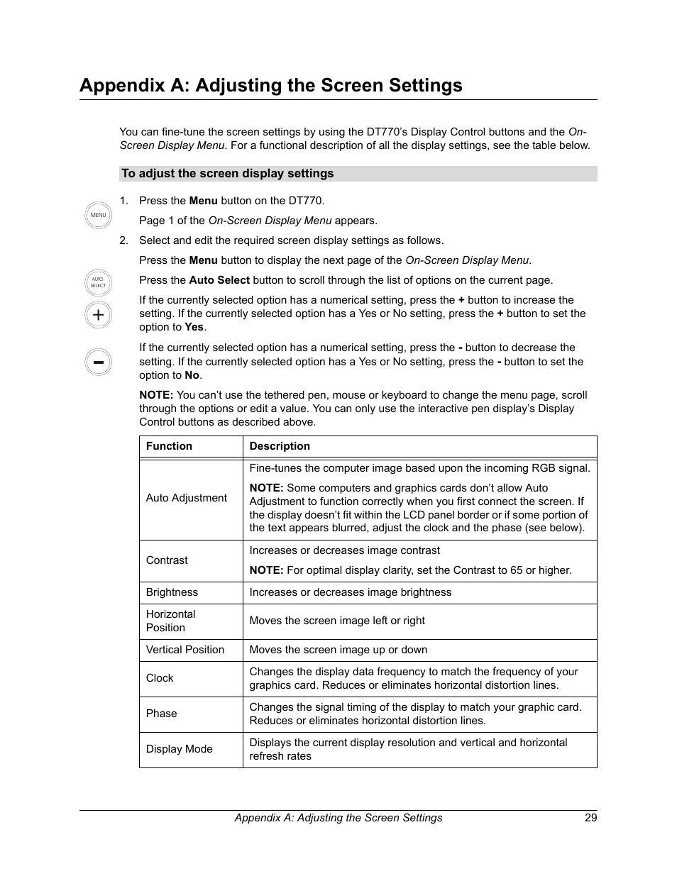 Appendix a: adjusting the screen settings | Smart Technologies iNTERACTIVE PEN DISPLAY DT770. User Manual | Page 35 / 43
