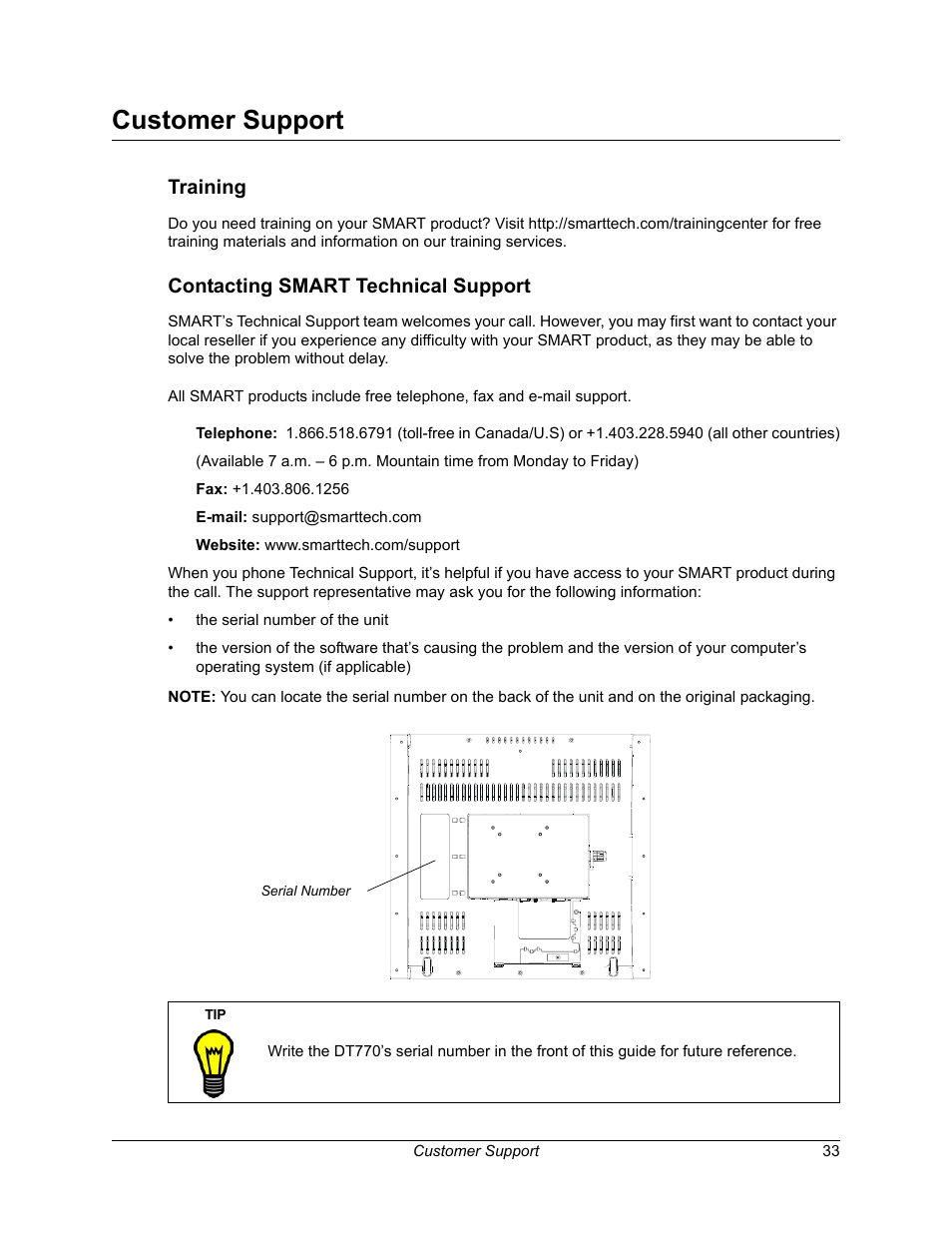 Customer support, Training contacting smart technical support, Training | Contacting smart technical support | Smart Technologies iNTERACTIVE PEN DISPLAY DT770. User Manual | Page 39 / 43