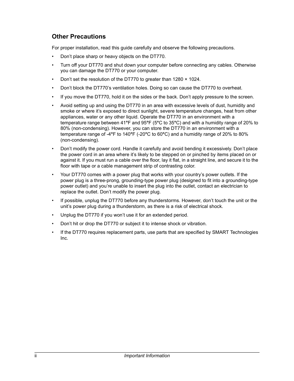 Other precautions | Smart Technologies iNTERACTIVE PEN DISPLAY DT770. User Manual | Page 4 / 43