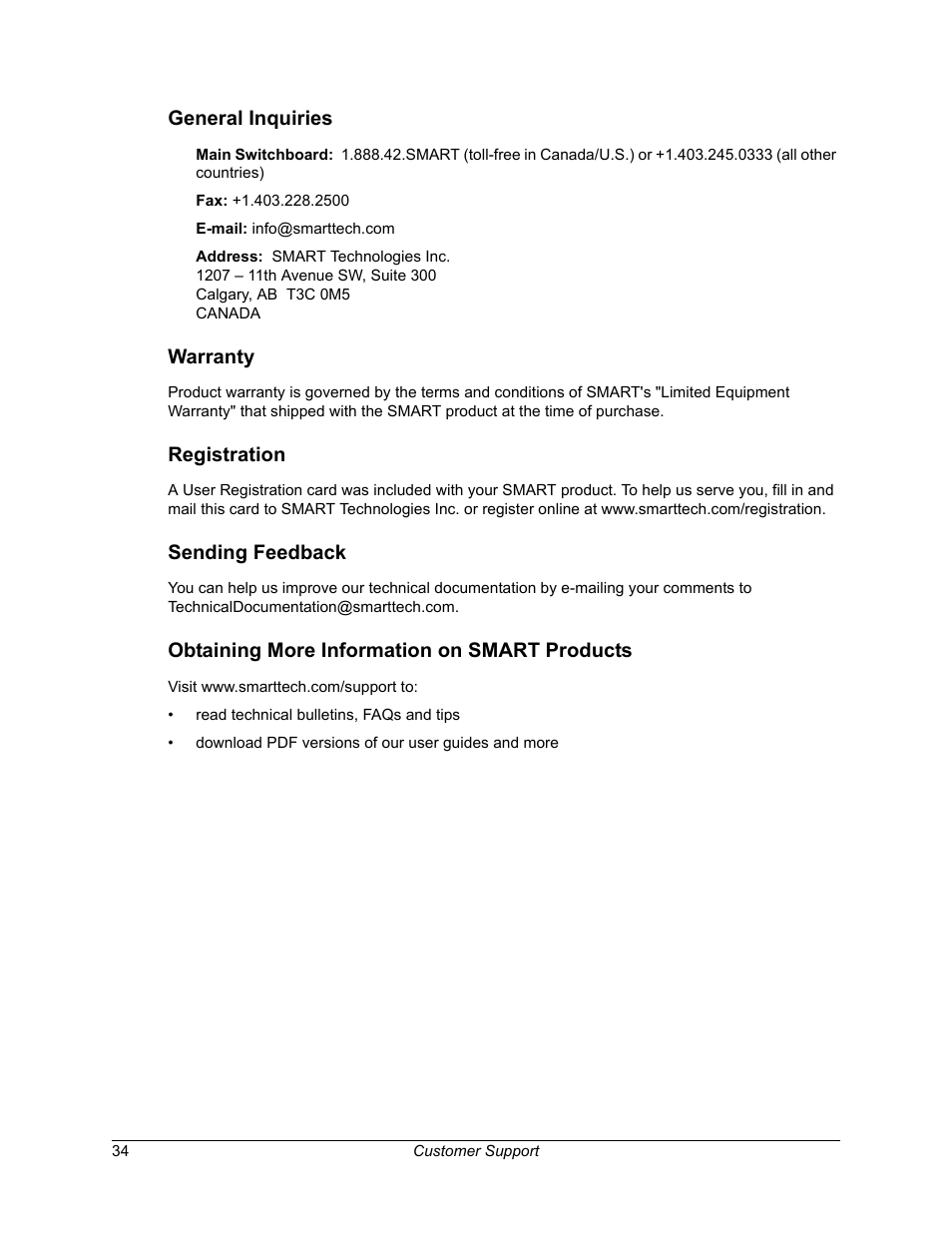 General inquiries, Warranty, Registration | Sending feedback, Obtaining more information on smart products | Smart Technologies iNTERACTIVE PEN DISPLAY DT770. User Manual | Page 40 / 43