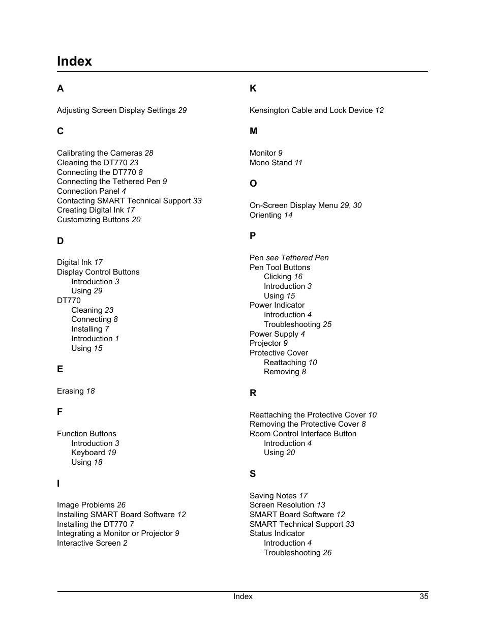 Index | Smart Technologies iNTERACTIVE PEN DISPLAY DT770. User Manual | Page 41 / 43