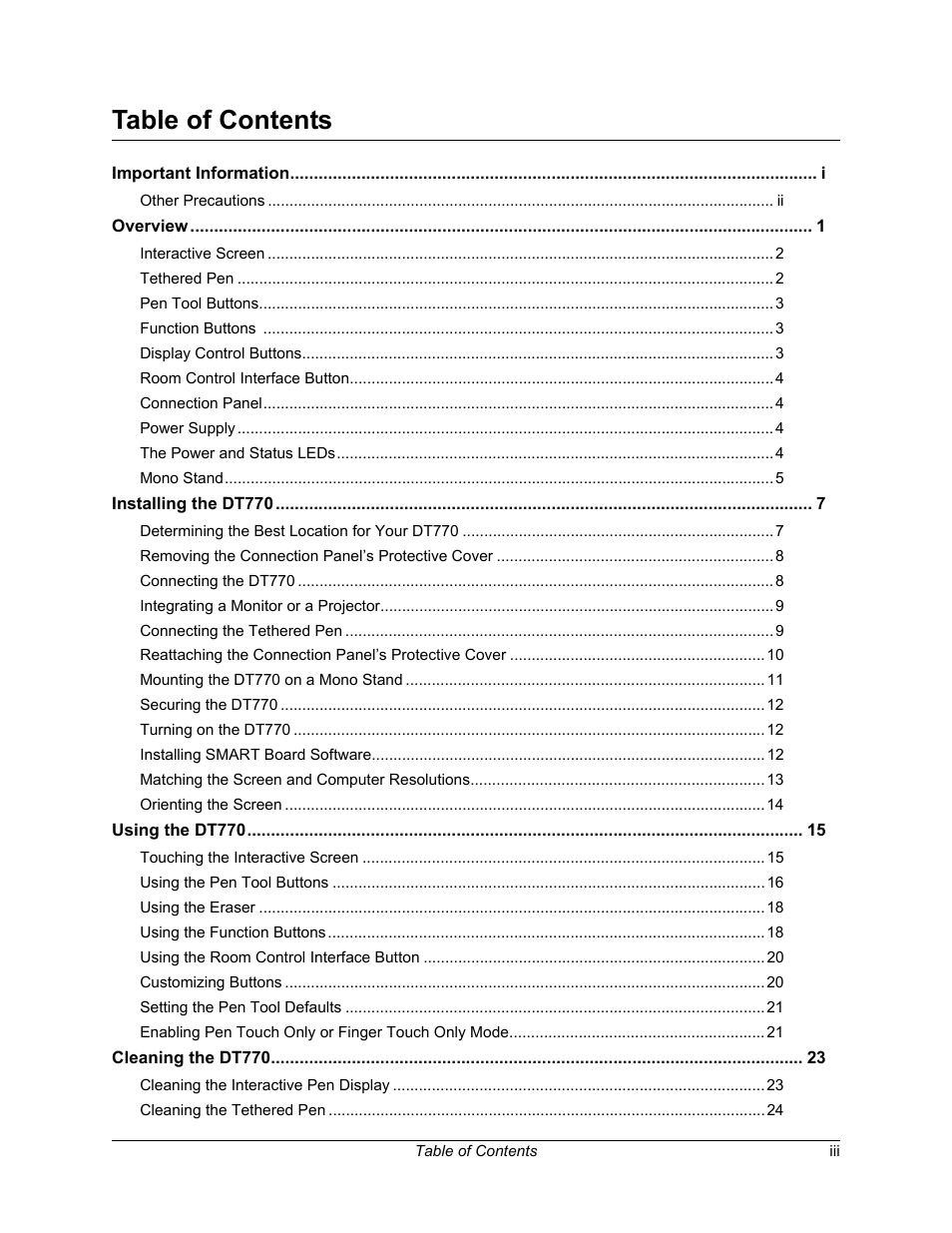 Smart Technologies iNTERACTIVE PEN DISPLAY DT770. User Manual | Page 5 / 43