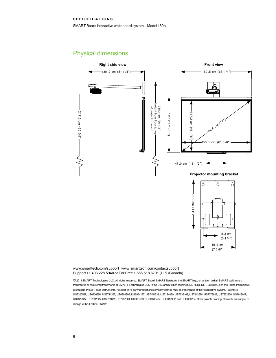 Physical dimensions | Smart Technologies SMART Board Interactive Whiteboard System 480iv User Manual | Page 6 / 6