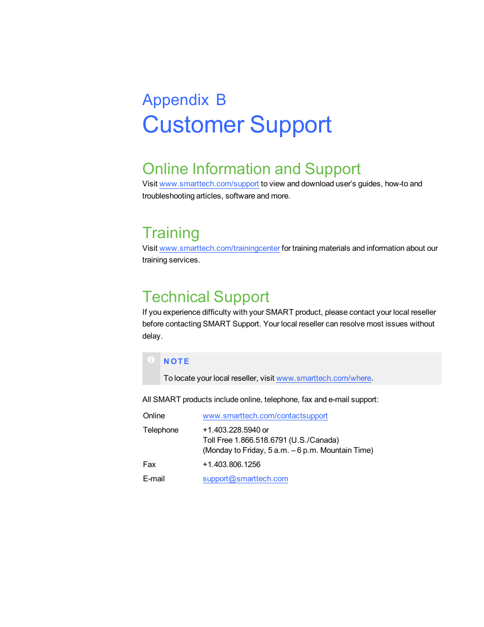 Customer support, Online information and support, Training | Technical support, Appendix b | Smart Technologies Smart Sync 2010 User Manual | Page 109 / 116