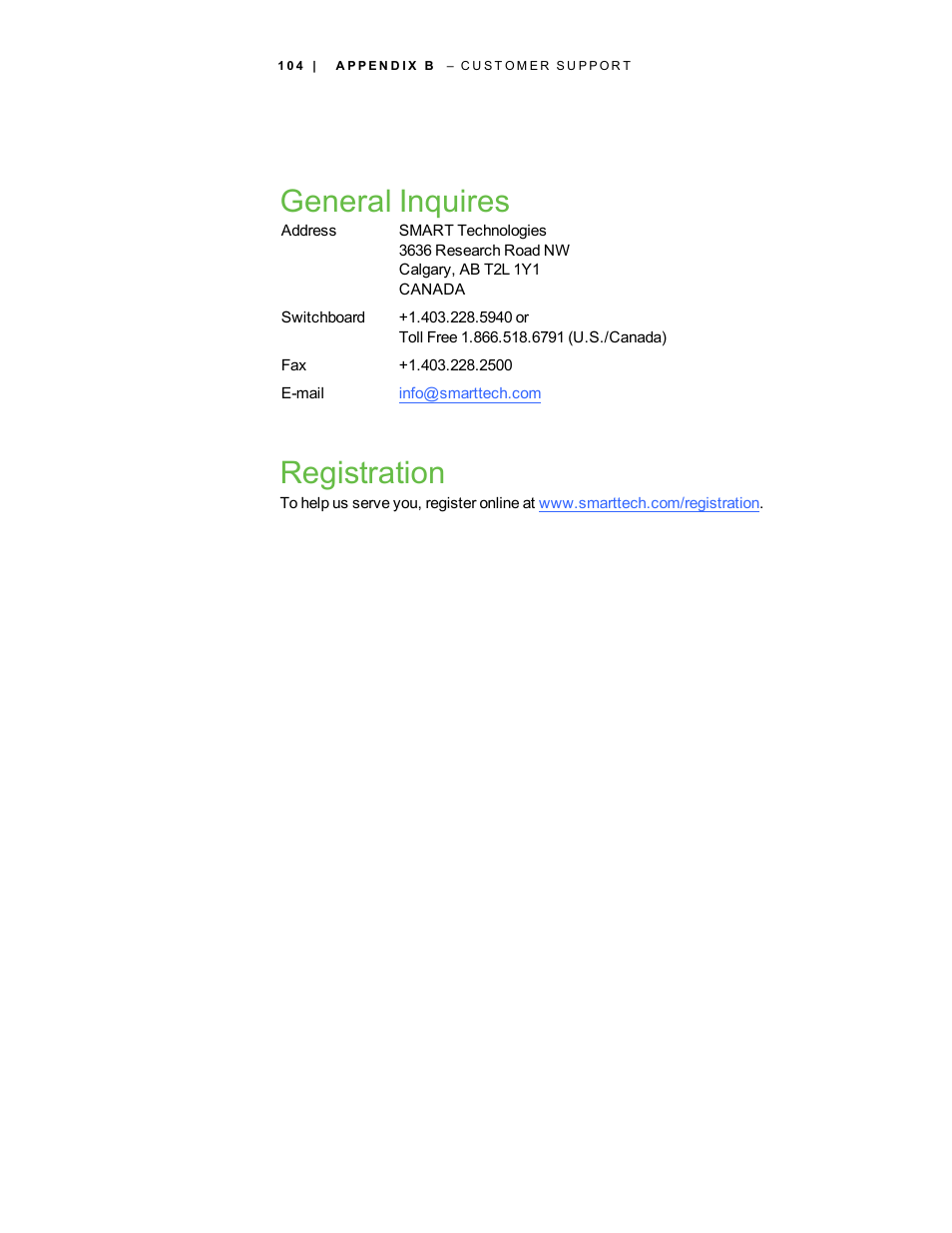 General inquires, Registration | Smart Technologies Smart Sync 2010 User Manual | Page 110 / 116