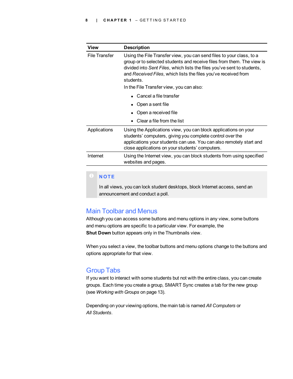 Main toolbar and menus, Group tabs | Smart Technologies Smart Sync 2010 User Manual | Page 14 / 116