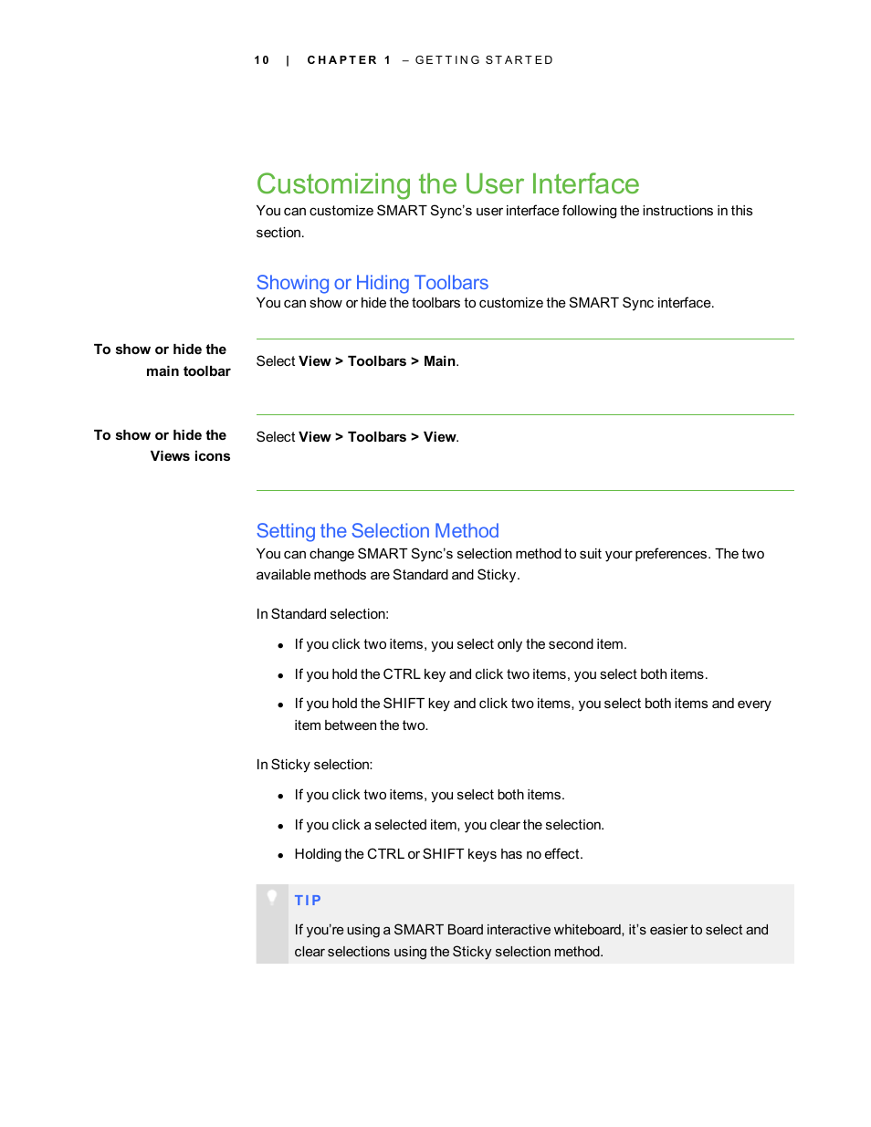 Customizing the user interface, Showing or hiding toolbars, Setting the selection method | Smart Technologies Smart Sync 2010 User Manual | Page 16 / 116