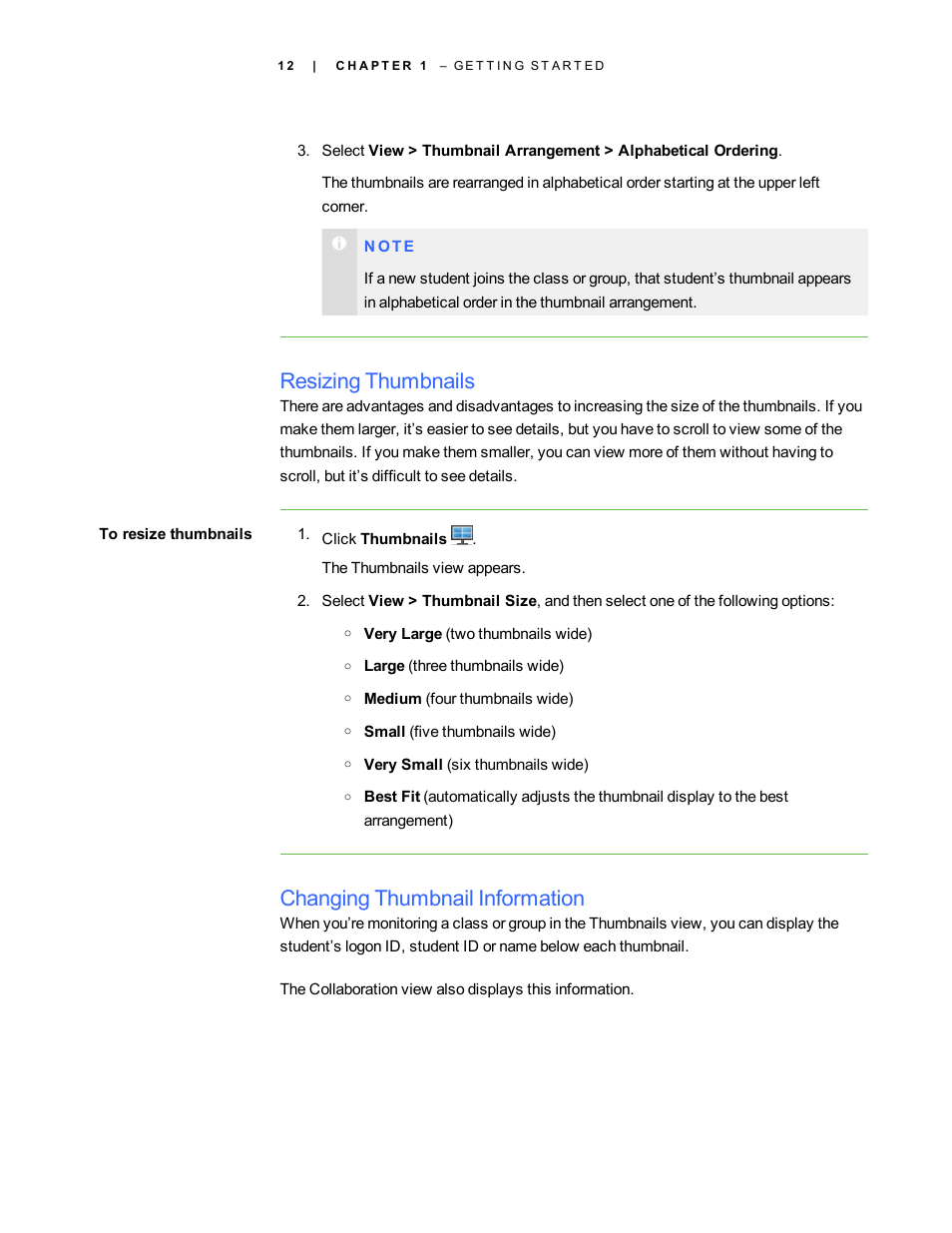 Resizing thumbnails, Changing thumbnail information | Smart Technologies Smart Sync 2010 User Manual | Page 18 / 116