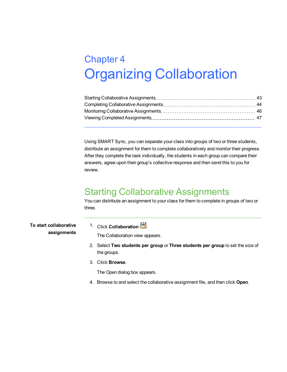 Organizing collaboration, Starting collaborative assignments, Chapter 4 | Smart Technologies Smart Sync 2010 User Manual | Page 49 / 116