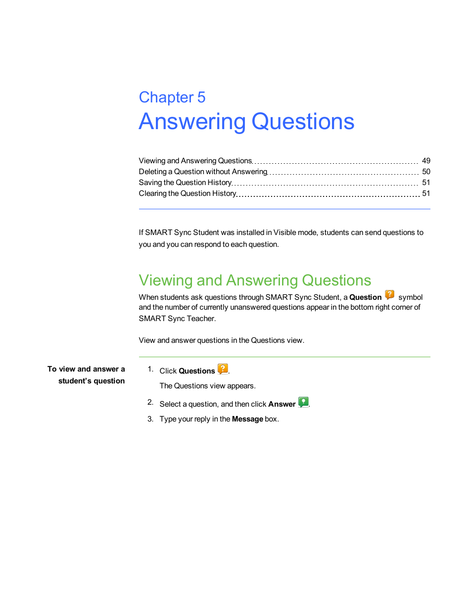 Answering questions, Viewing and answering questions, Chapter 5 | Smart Technologies Smart Sync 2010 User Manual | Page 55 / 116
