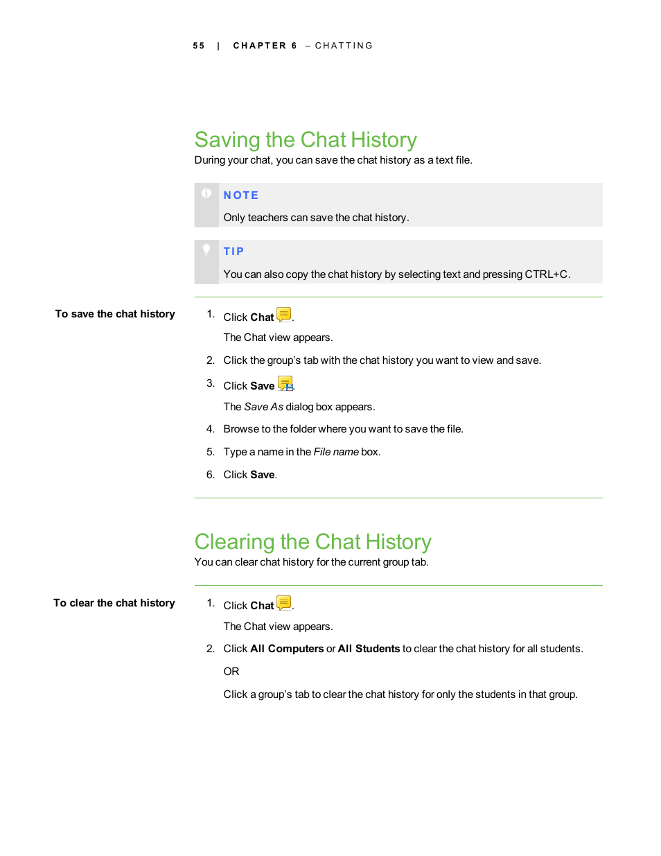 Saving the chat history, Clearing the chat history | Smart Technologies Smart Sync 2010 User Manual | Page 61 / 116