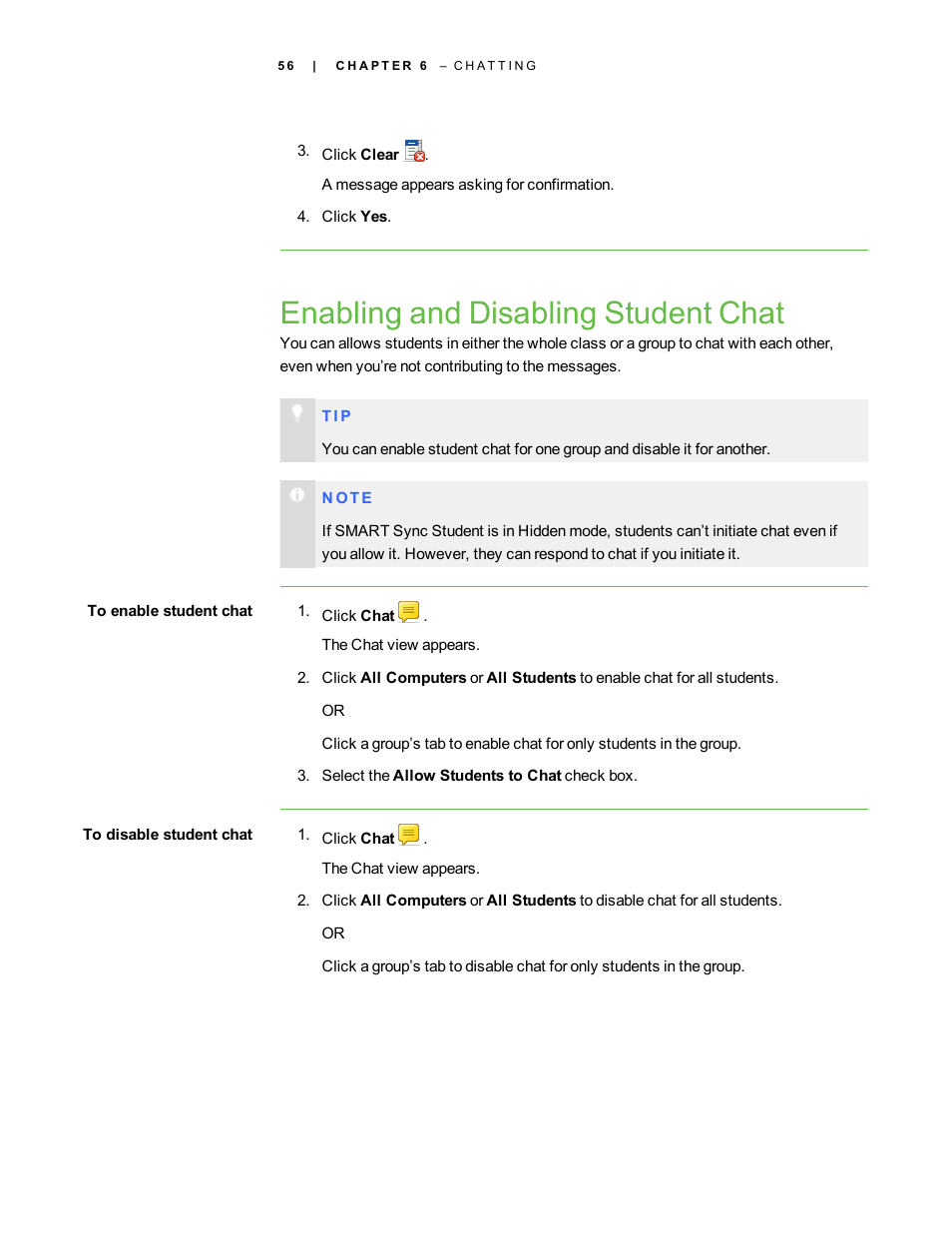 Enabling and disabling student chat | Smart Technologies Smart Sync 2010 User Manual | Page 62 / 116