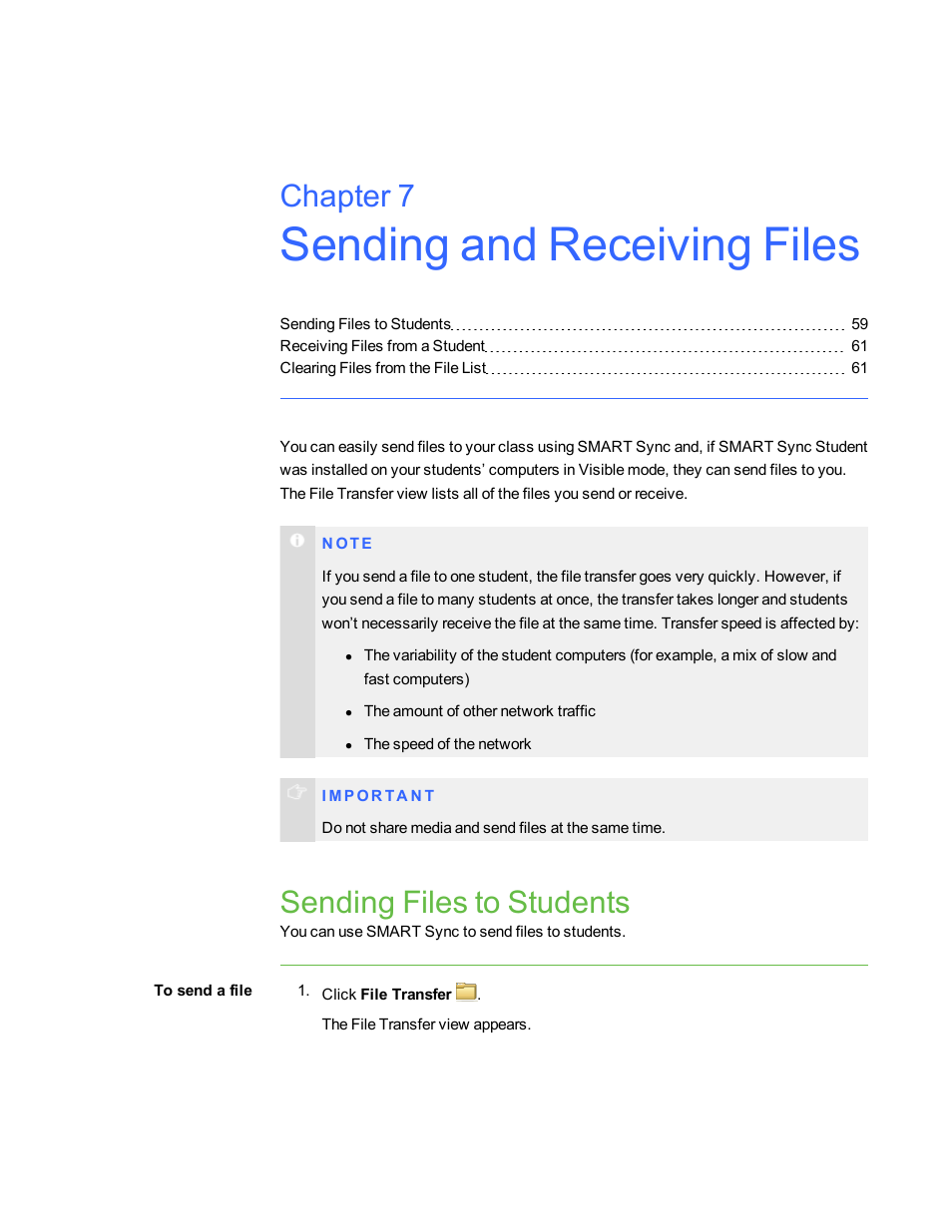 Sending and receiving files, Sending files to students, Chapter 7 | Smart Technologies Smart Sync 2010 User Manual | Page 65 / 116