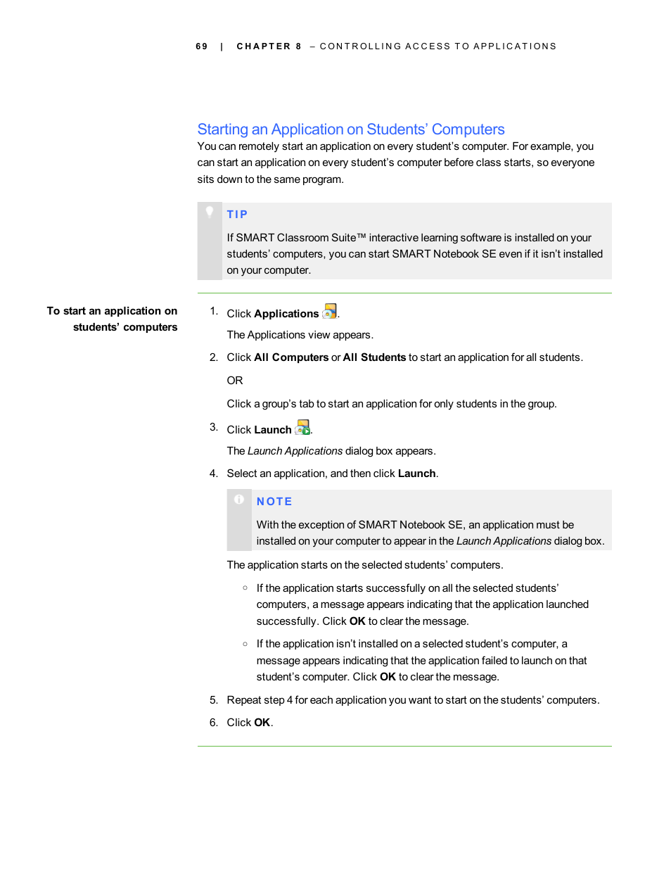 Starting an application on students’ computers | Smart Technologies Smart Sync 2010 User Manual | Page 75 / 116