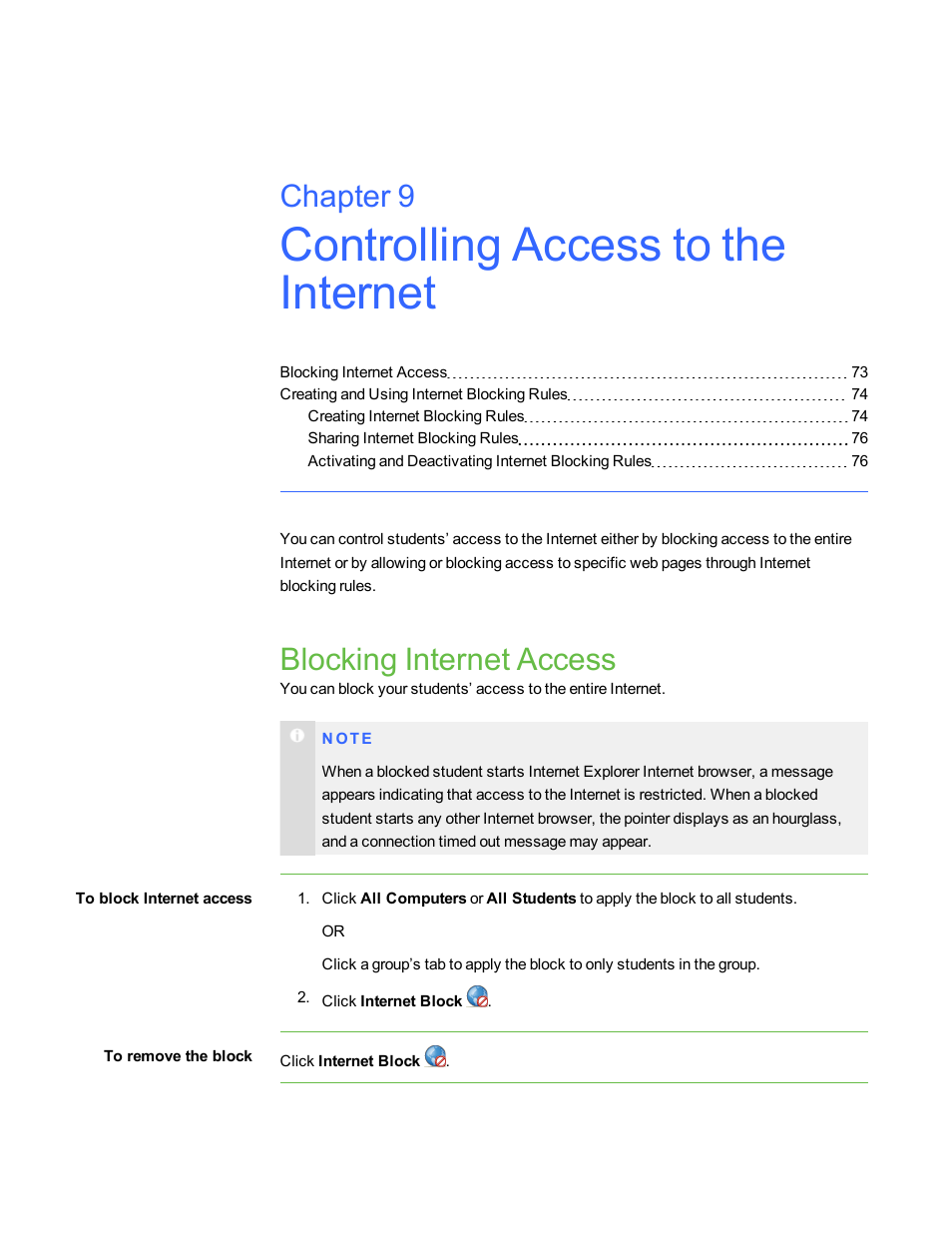 Controlling access to the internet, Blocking internet access, Chapter 9 | Smart Technologies Smart Sync 2010 User Manual | Page 79 / 116