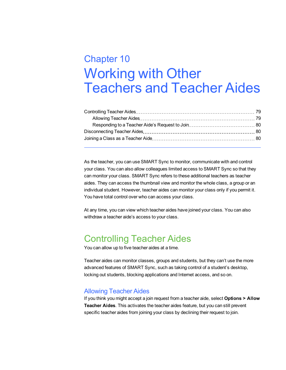 Working with other teachers and teacher aides, Controlling teacher aides, Allowing teacher aides | Chapter 10 | Smart Technologies Smart Sync 2010 User Manual | Page 85 / 116