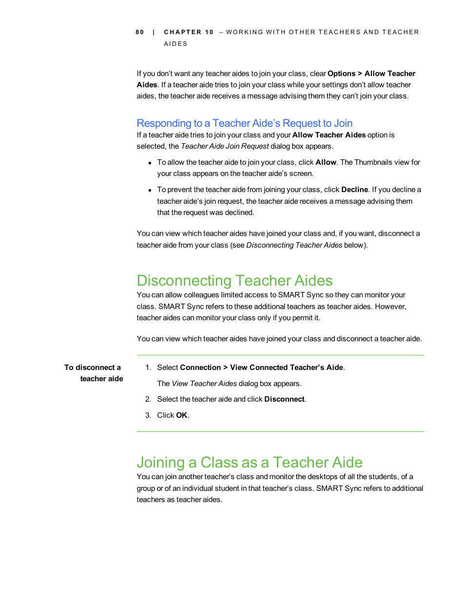 Responding to a teacher aide’s request to join, Disconnecting teacher aides, Joining a class as a teacher aide | Smart Technologies Smart Sync 2010 User Manual | Page 86 / 116