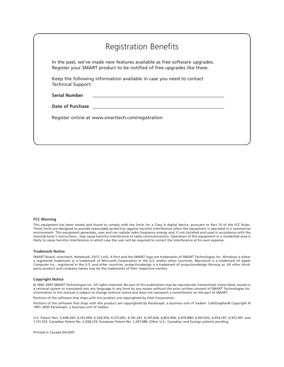 Registration benefits | Smart Technologies 4000i User Manual | Page 2 / 48