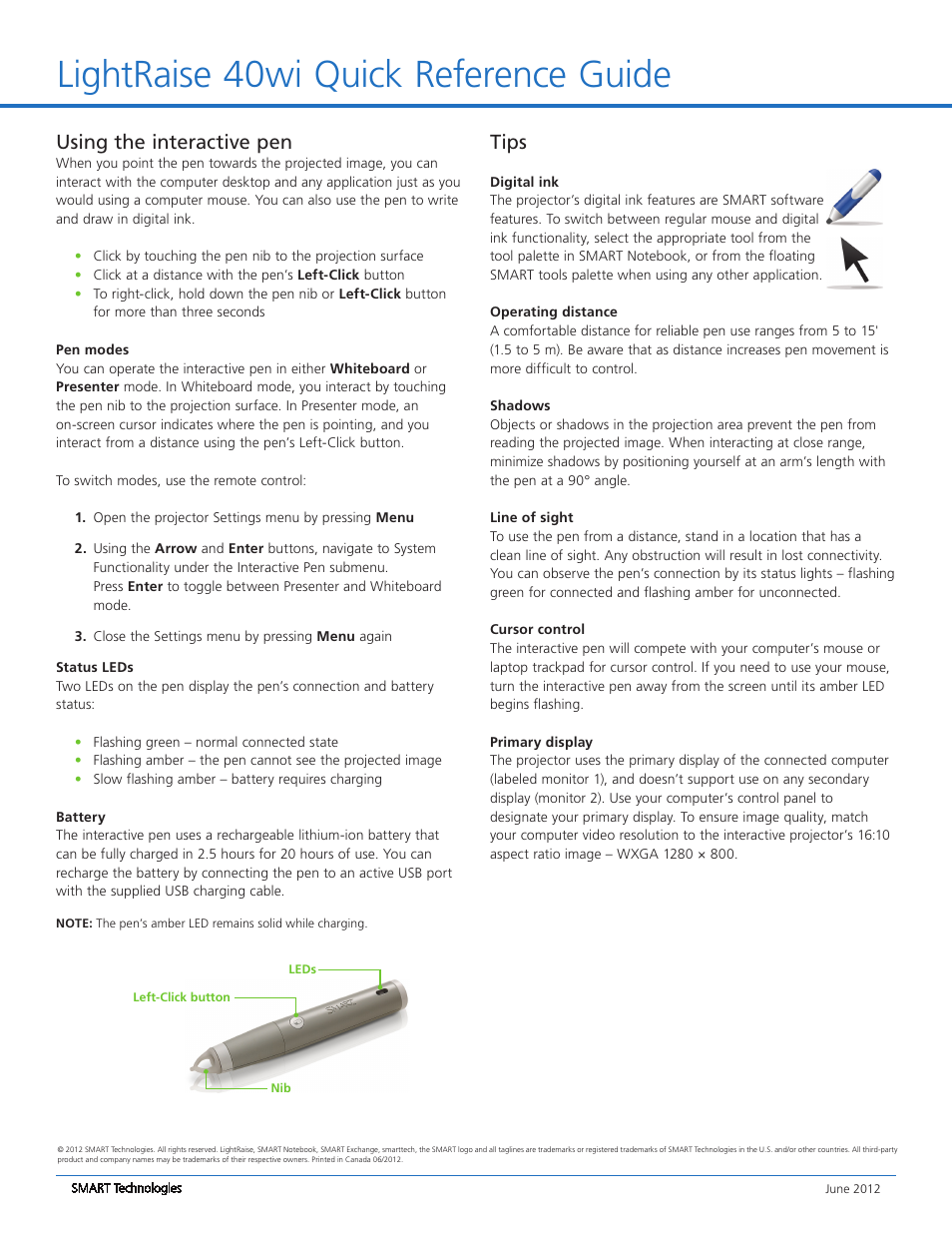 Lightraise 40wi quick reference guide, Using the interactive pen, Tips | Smart Technologies Lightrise 40wi User Manual | Page 2 / 2