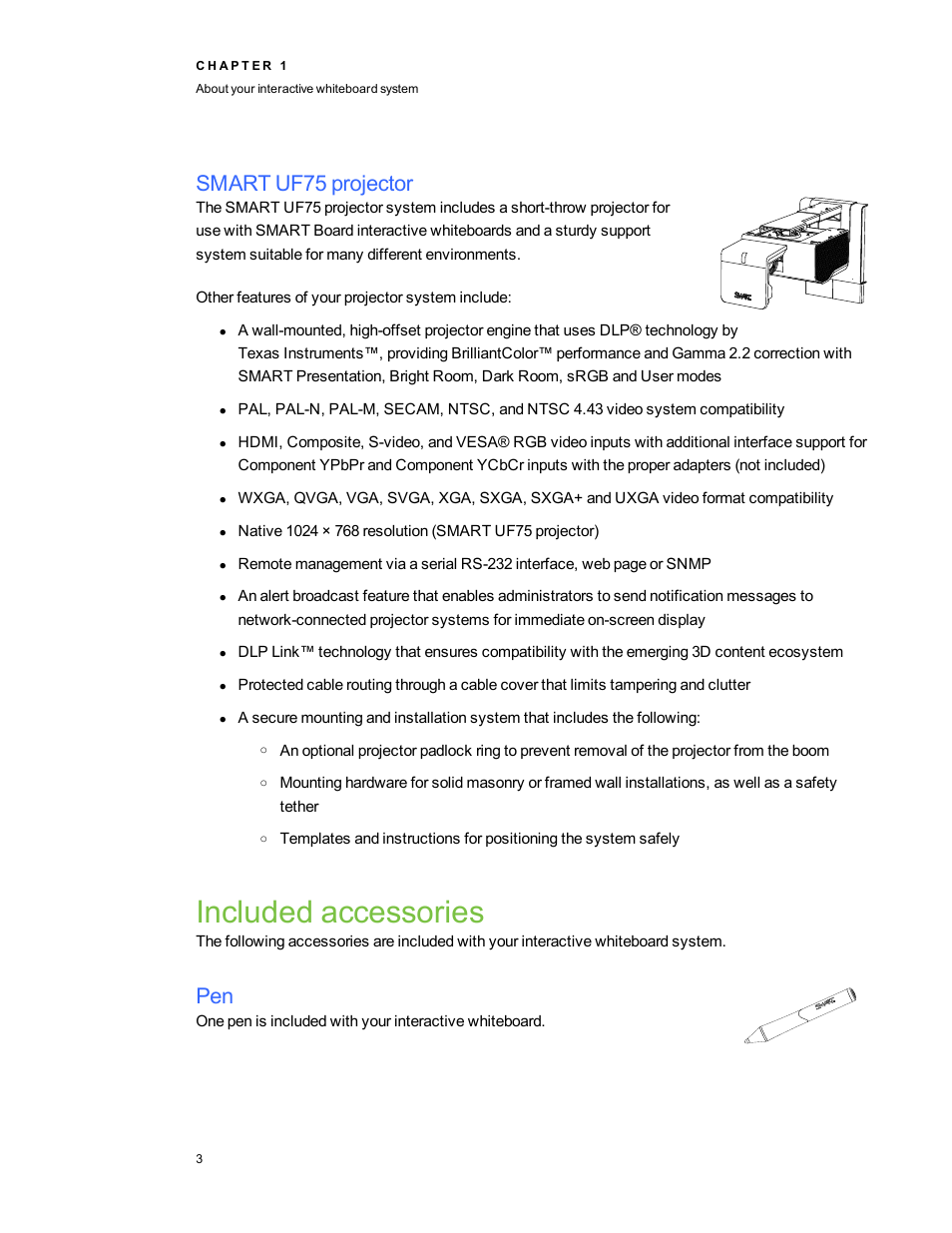 Smart uf75 projector, Included accessories | Smart Technologies 480i5 User Manual | Page 13 / 90