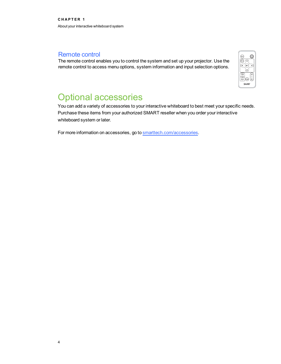 Remote control, Optional accessories | Smart Technologies 480i5 User Manual | Page 14 / 90