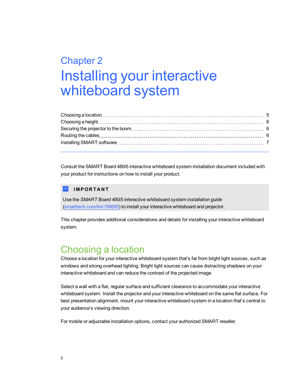 Choosing a location, Chapter 2 | Smart Technologies 480i5 User Manual | Page 15 / 90