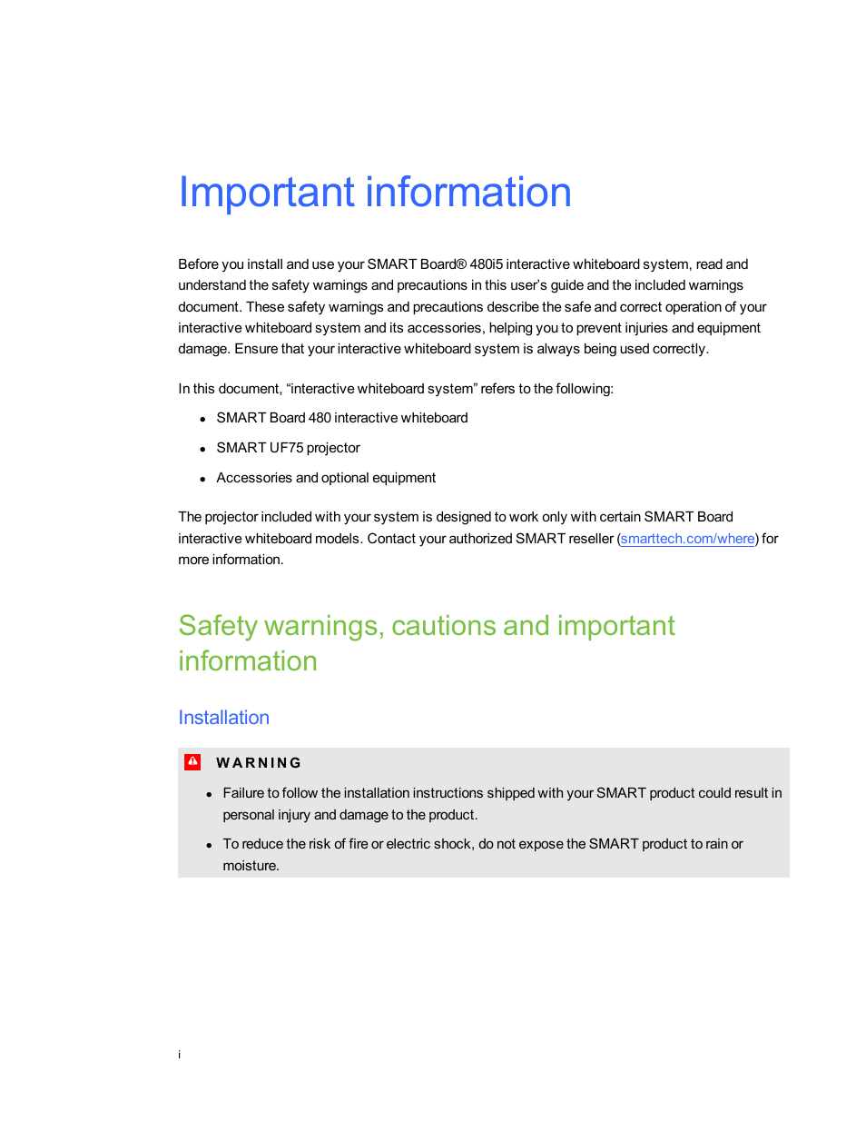 Important information, Installation | Smart Technologies 480i5 User Manual | Page 3 / 90