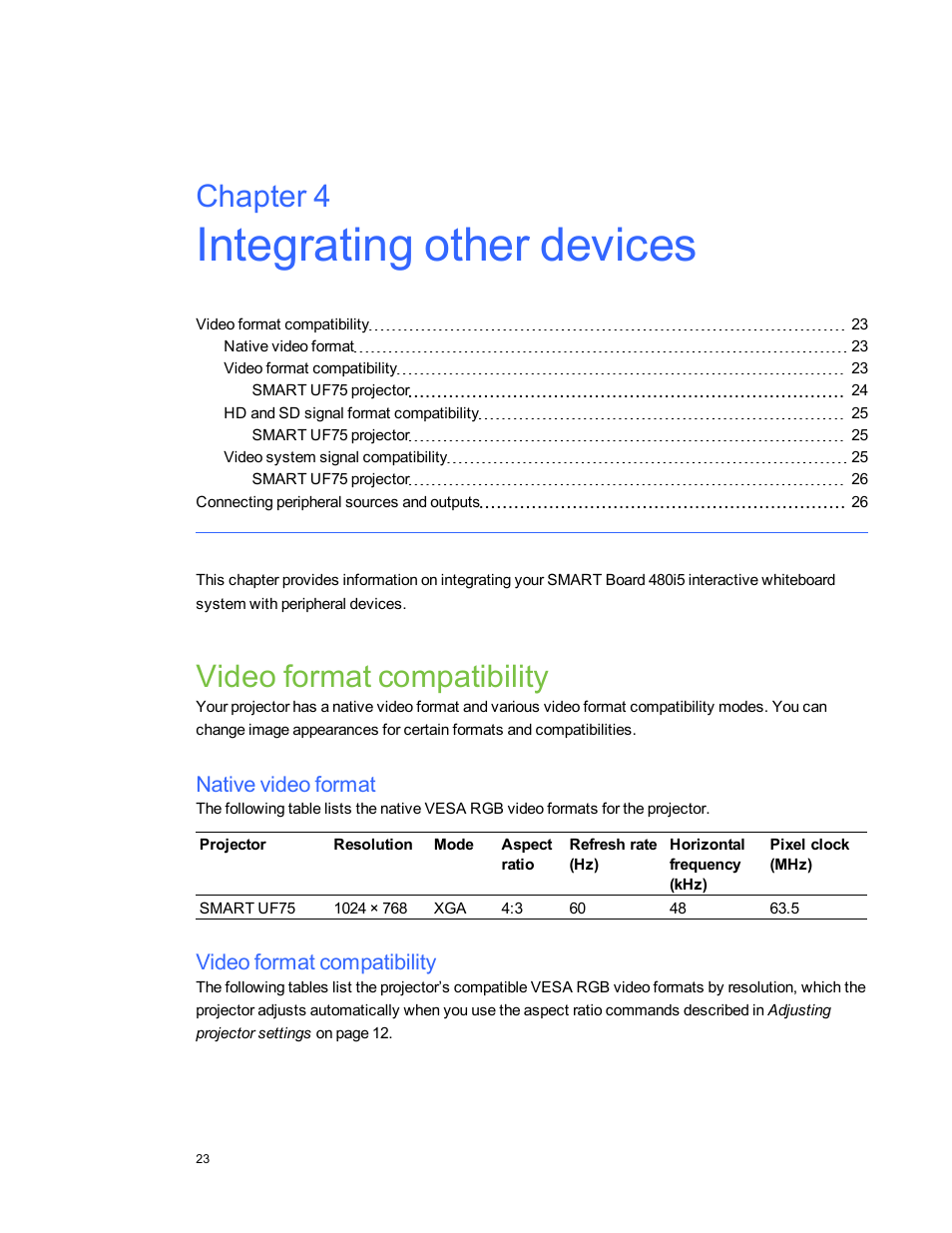 Chapter 4: integrating other devices, Video format compatibility, Native video format | Chapter 4 | Smart Technologies 480i5 User Manual | Page 33 / 90