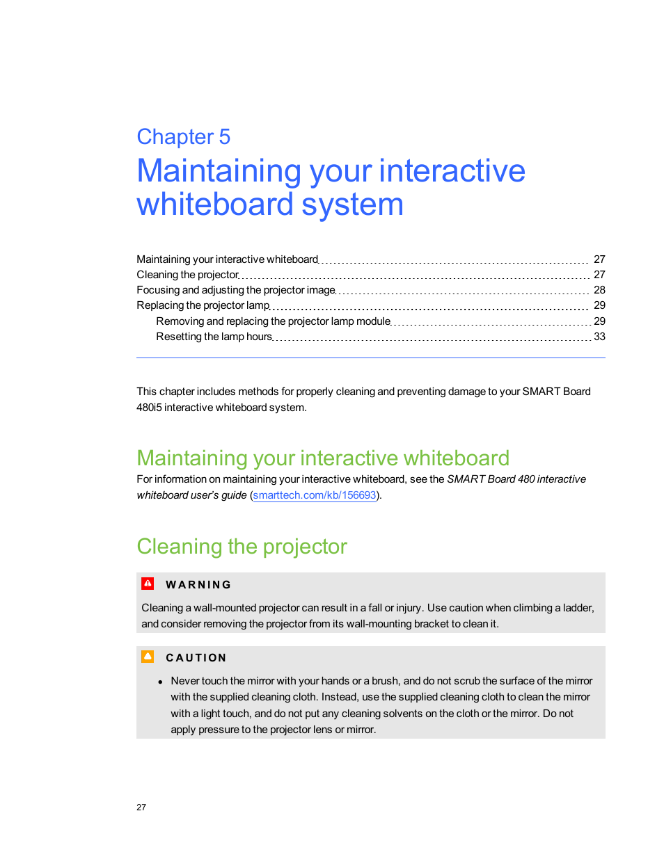 Maintaining your interactive whiteboard, Cleaning the projector, Chapter 5 | Smart Technologies 480i5 User Manual | Page 37 / 90