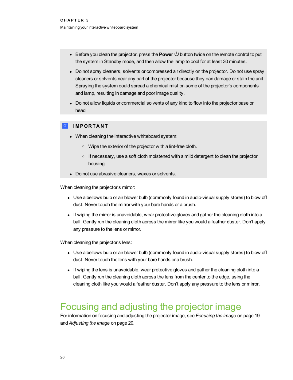 Focusing and adjusting the projector image | Smart Technologies 480i5 User Manual | Page 38 / 90