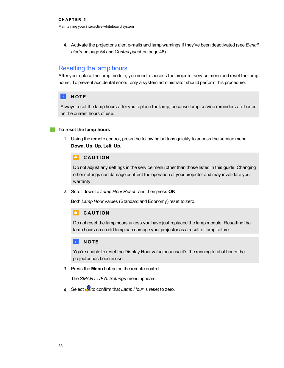 Resetting the lamp hours | Smart Technologies 480i5 User Manual | Page 43 / 90