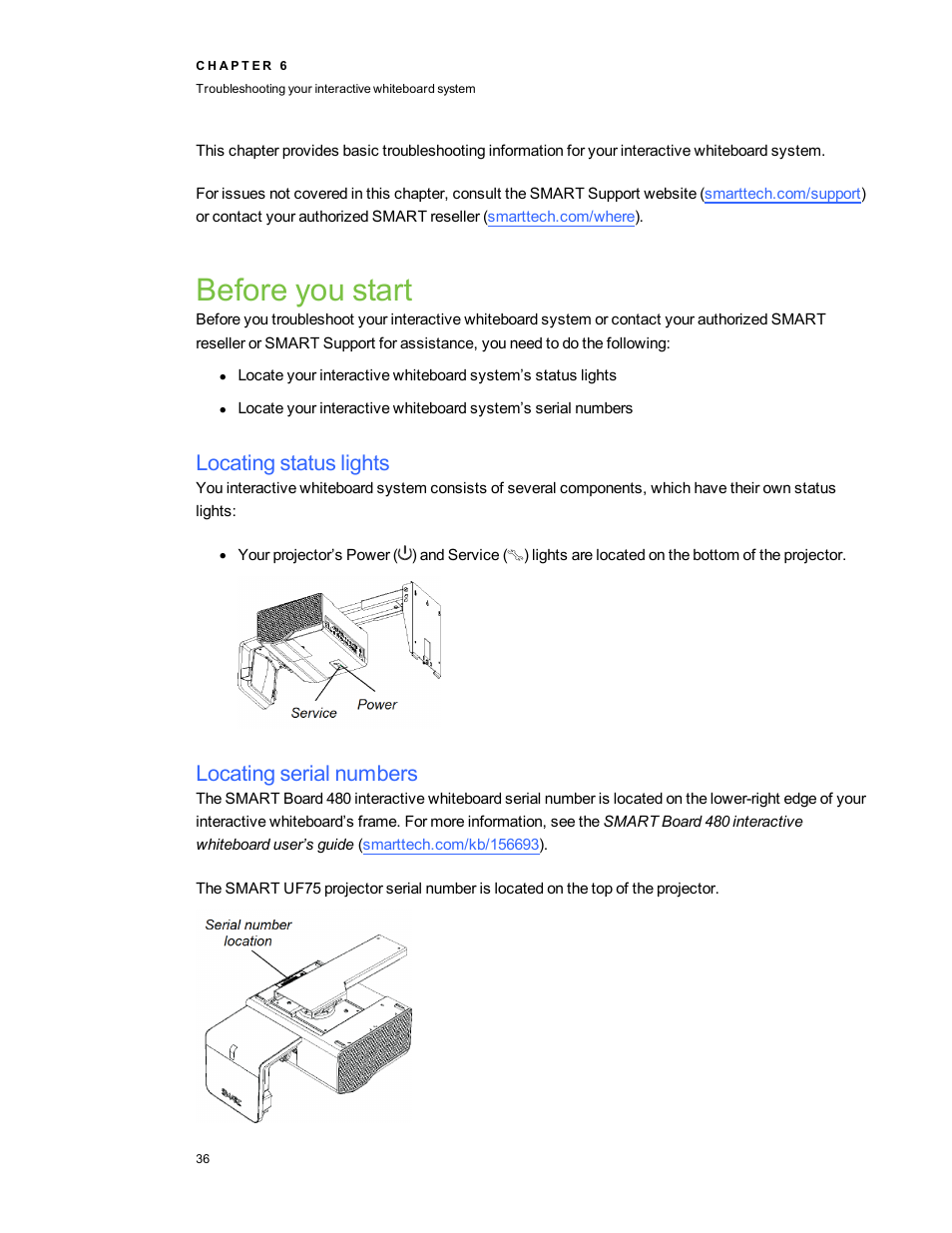 Before you start, Locating status lights, Locating serial numbers | Smart Technologies 480i5 User Manual | Page 46 / 90