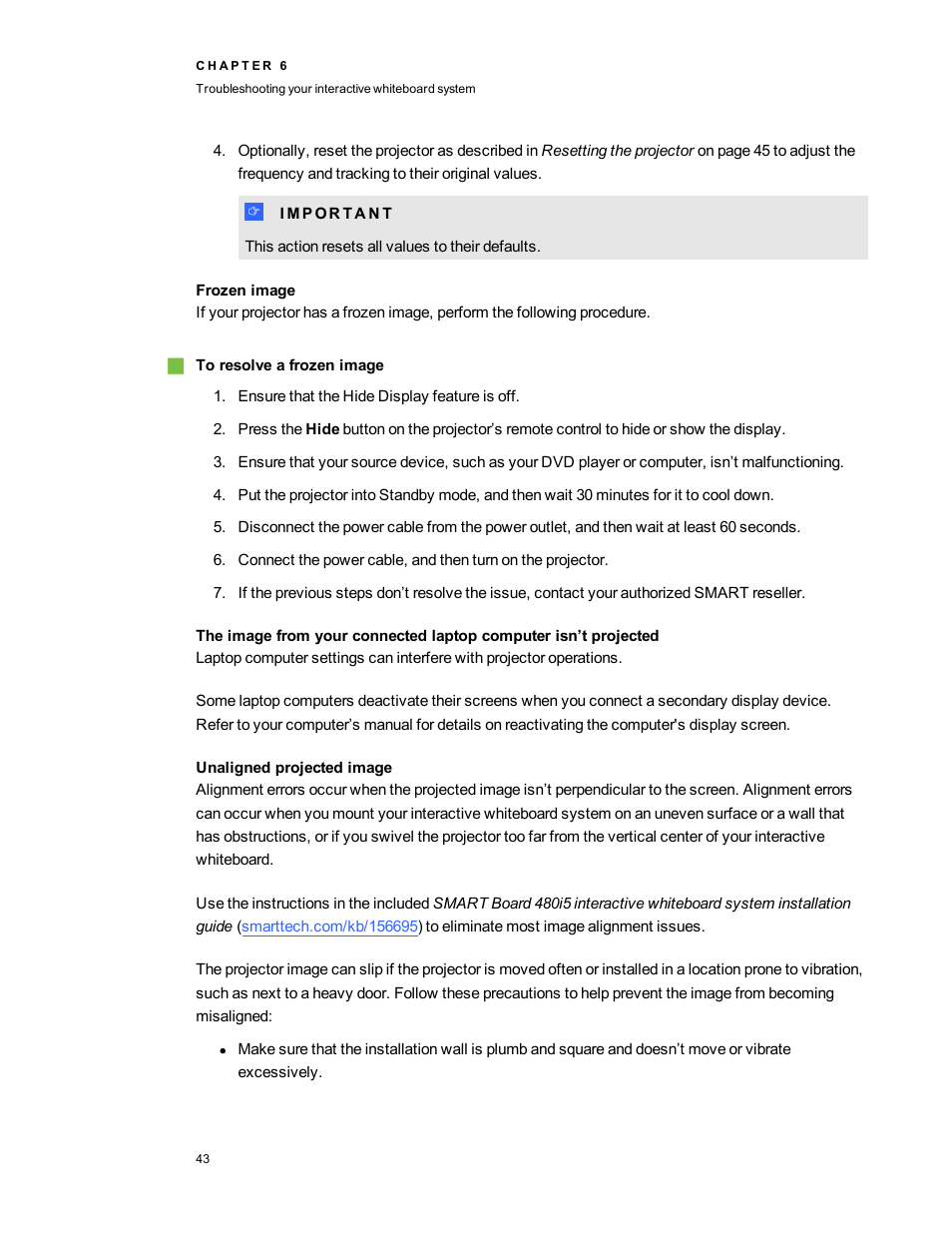 Frozen image, Unaligned projected image | Smart Technologies 480i5 User Manual | Page 53 / 90