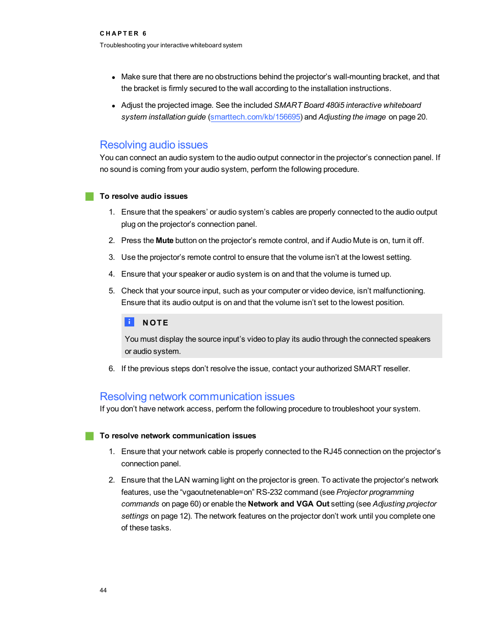 Resolving audio issues, Resolving network communication issues | Smart Technologies 480i5 User Manual | Page 54 / 90
