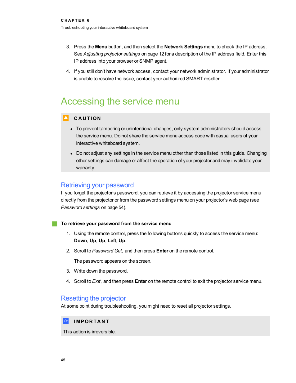 Accessing the service menu, Retrieving your password, Resetting the projector | Smart Technologies 480i5 User Manual | Page 55 / 90