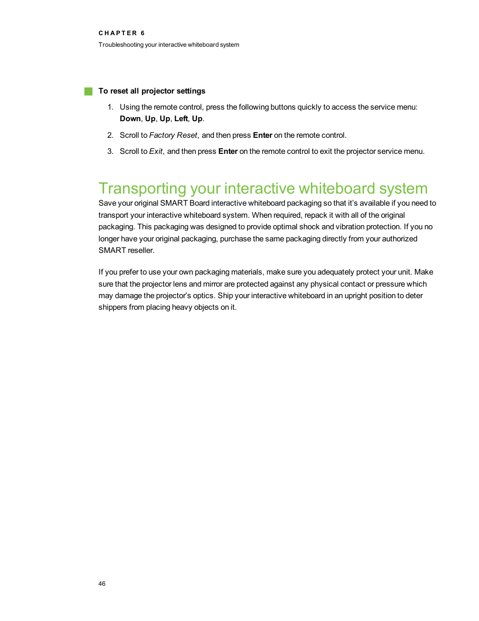 Transporting your interactive whiteboard system | Smart Technologies 480i5 User Manual | Page 56 / 90