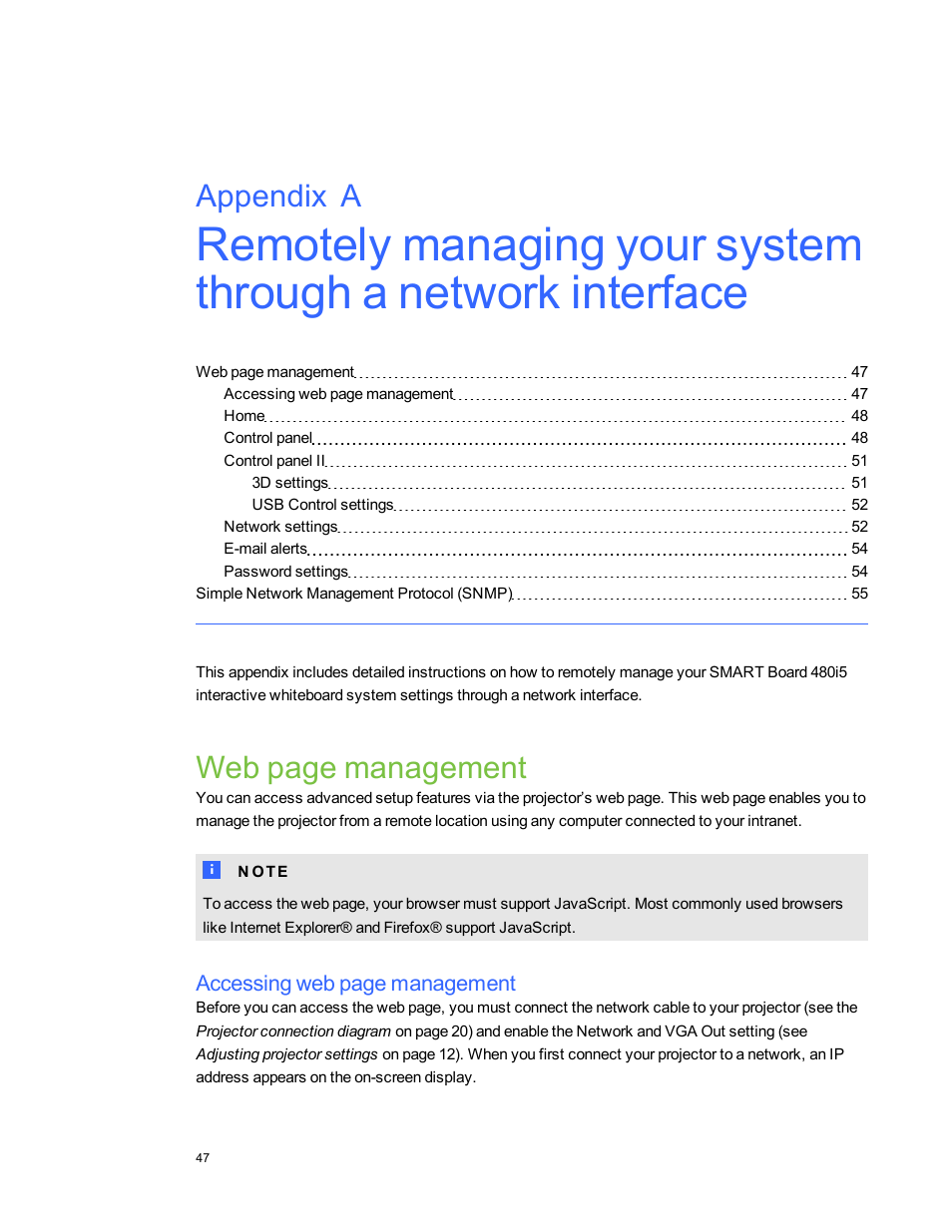 Web page management, Appendix a | Smart Technologies 480i5 User Manual | Page 57 / 90