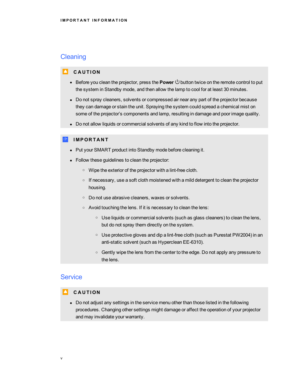 Cleaning, Service | Smart Technologies 480i5 User Manual | Page 7 / 90