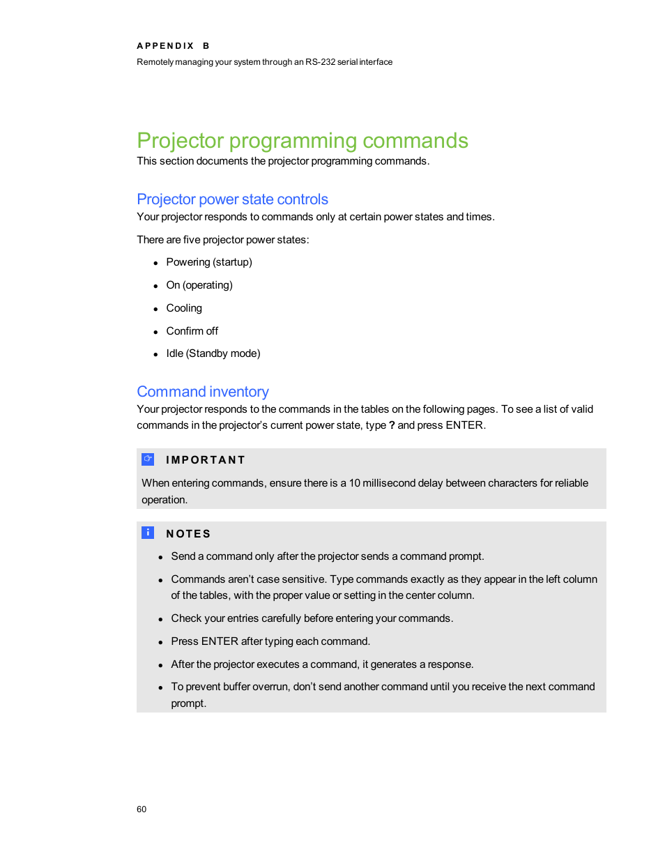 Projector programming commands, Projector power state controls, Command inventory | Projector programming | Smart Technologies 480i5 User Manual | Page 70 / 90