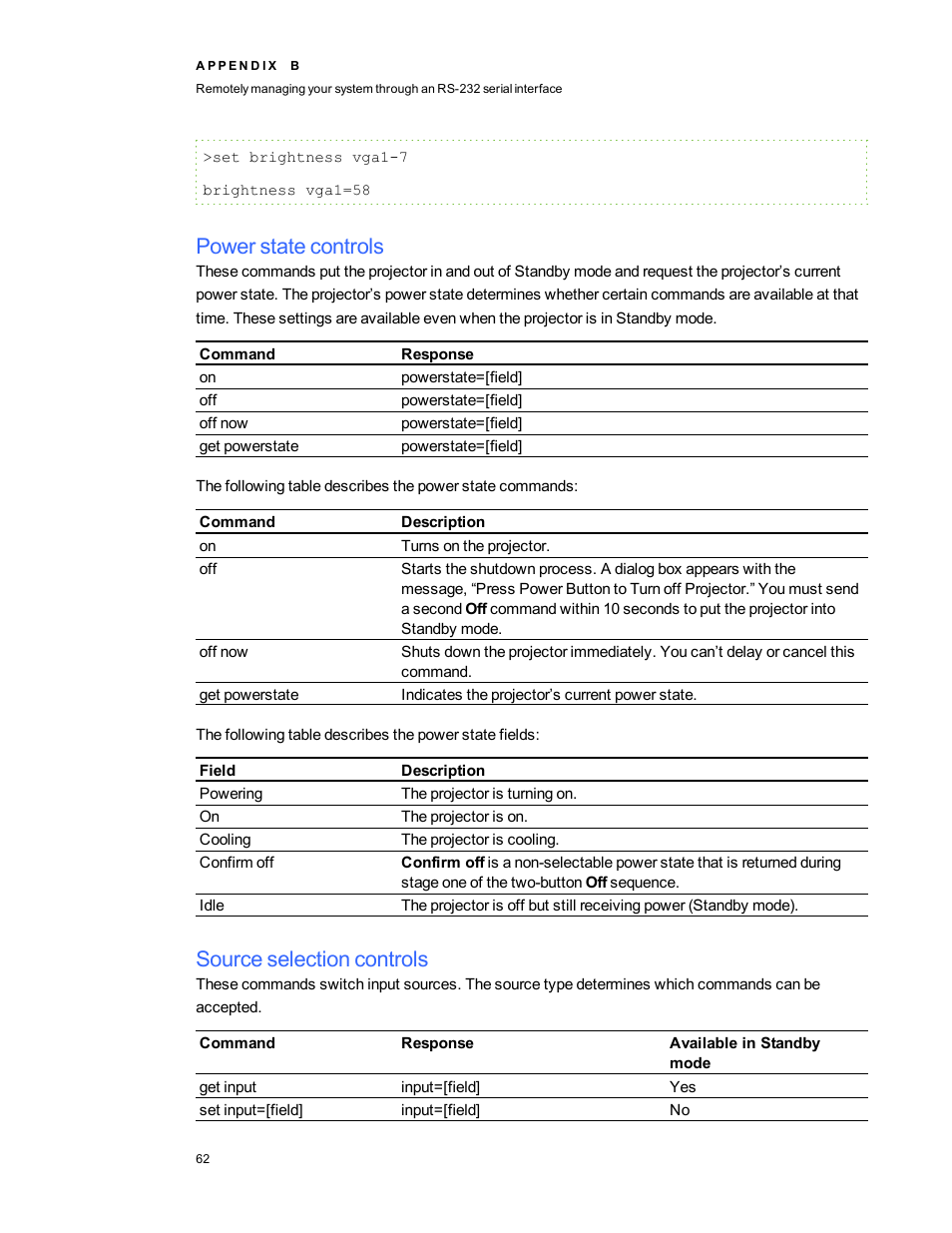 Power state controls, Source selection controls | Smart Technologies 480i5 User Manual | Page 72 / 90