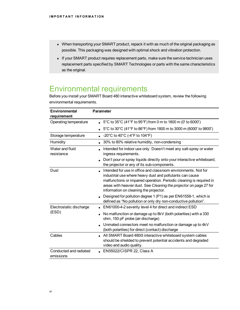 Environmental requirements | Smart Technologies 480i5 User Manual | Page 8 / 90