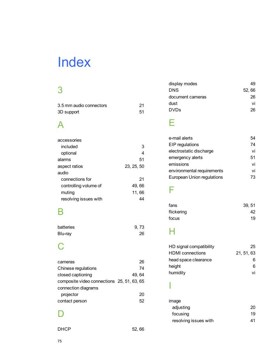 Index | Smart Technologies 480i5 User Manual | Page 85 / 90