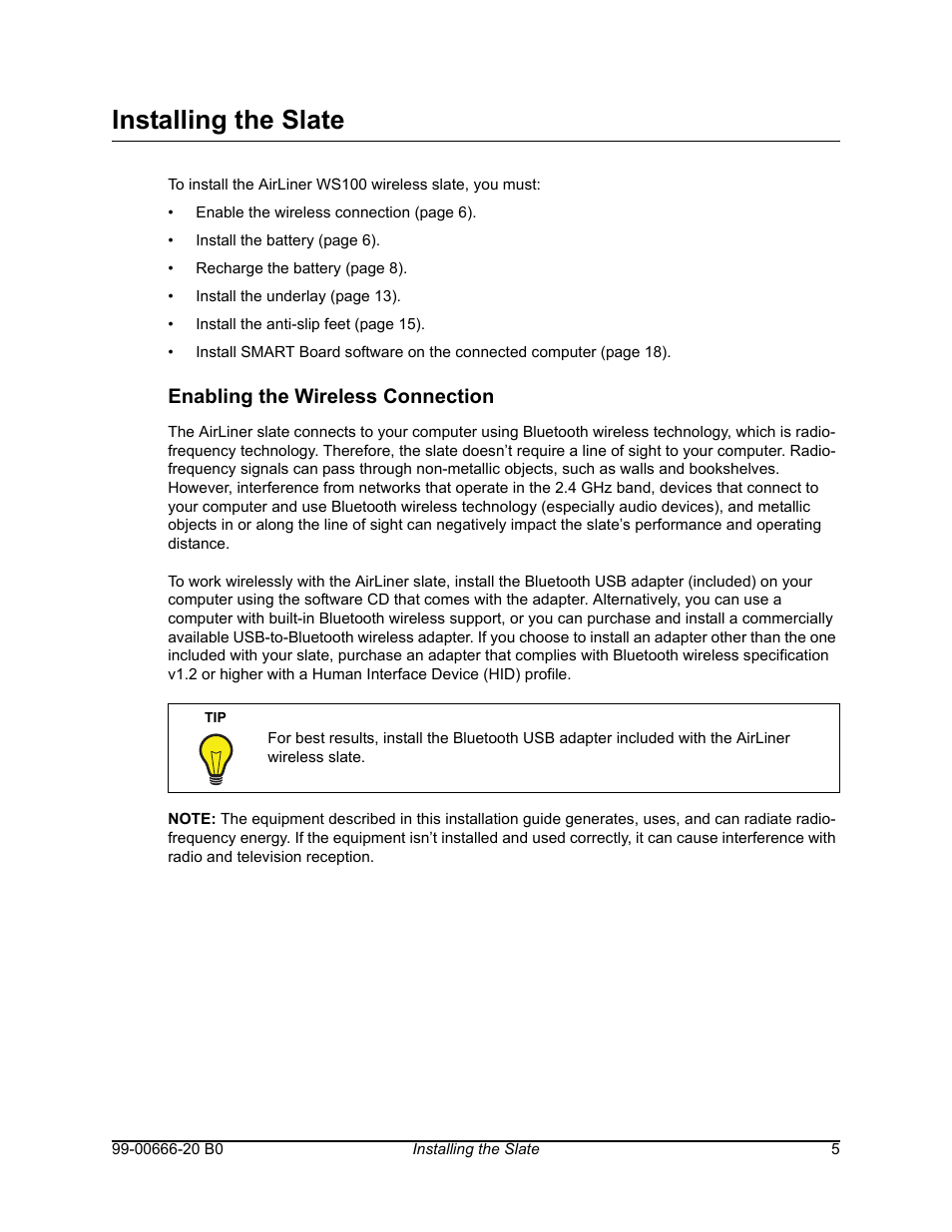 Installing the slate, Enabling the wireless connection | Smart Technologies AIRLINER WIRELESS SLATE WS100 User Manual | Page 13 / 84