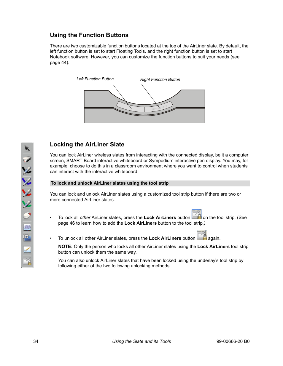 Using the function buttons, Locking the airliner slate | Smart Technologies AIRLINER WIRELESS SLATE WS100 User Manual | Page 42 / 84