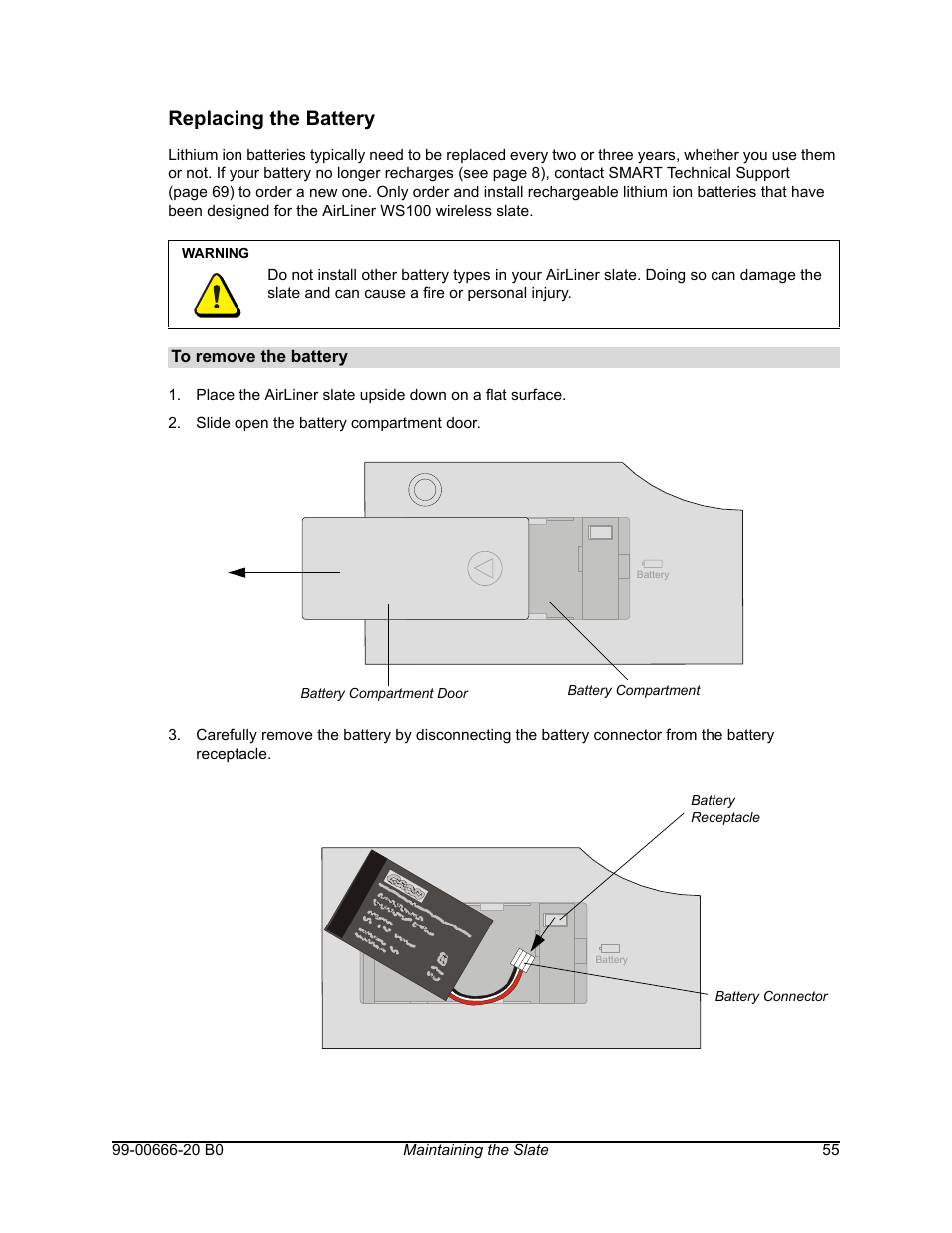 Replacing the battery | Smart Technologies AIRLINER WIRELESS SLATE WS100 User Manual | Page 63 / 84