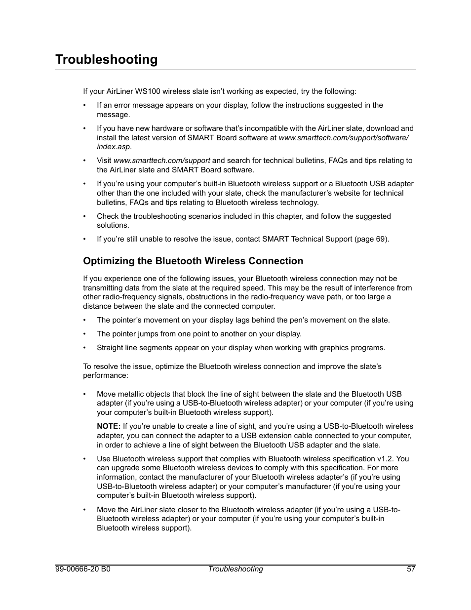 Troubleshooting, Optimizing the bluetooth wireless connection | Smart Technologies AIRLINER WIRELESS SLATE WS100 User Manual | Page 65 / 84