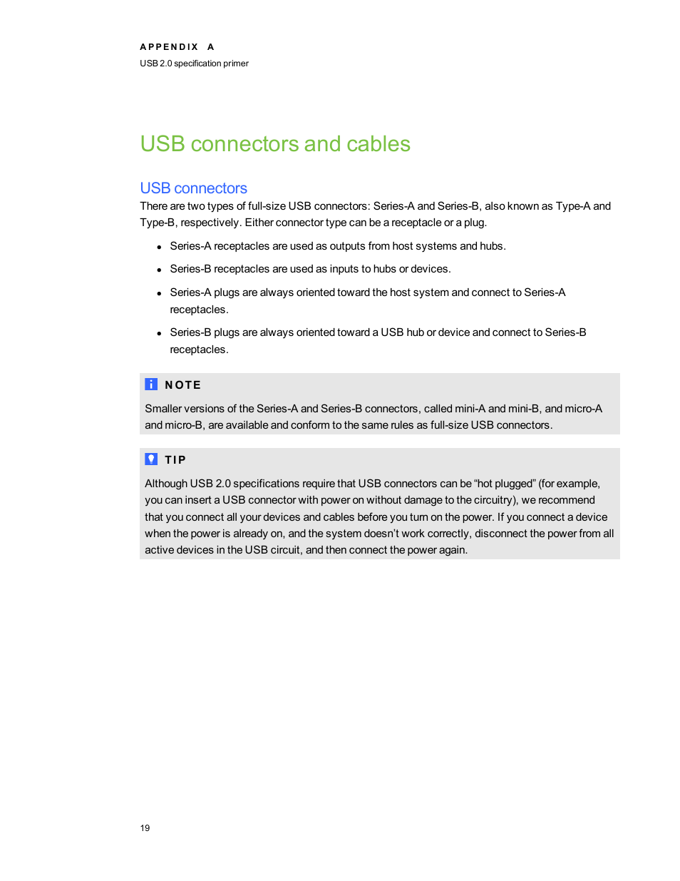 Usb connectors and cables, Usb connectors | Smart Technologies Smart Board 800 Series User Manual | Page 23 / 30