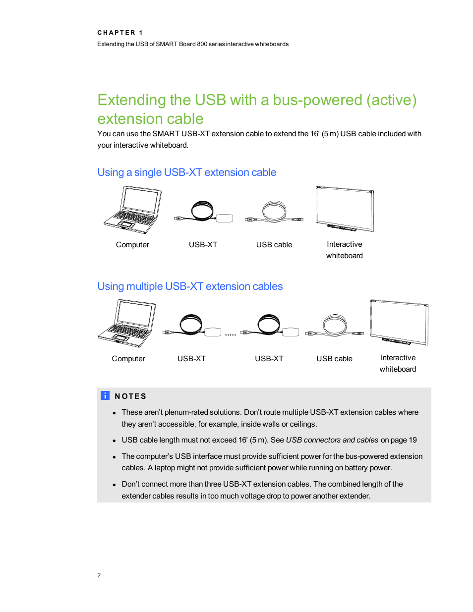 Using a single usb-xt extension cable, Using multiple usb-xt extension cables | Smart Technologies Smart Board 800 Series User Manual | Page 6 / 30