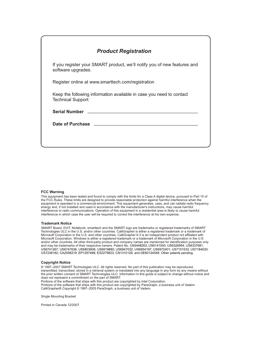 Product registration | Smart Technologies Interactive Whiteboard SBFPD User Manual | Page 2 / 46